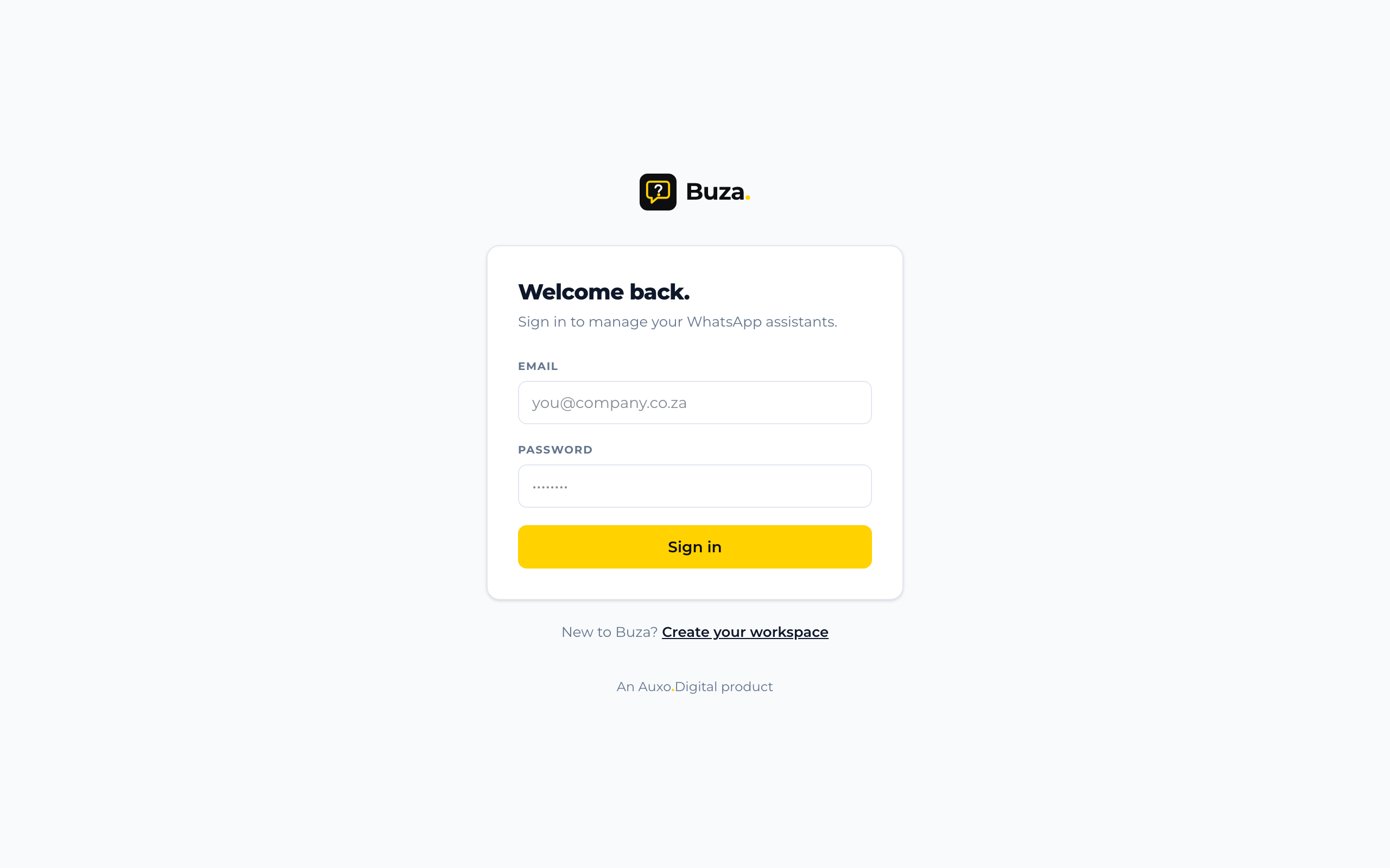 The Buza sign-in screen.