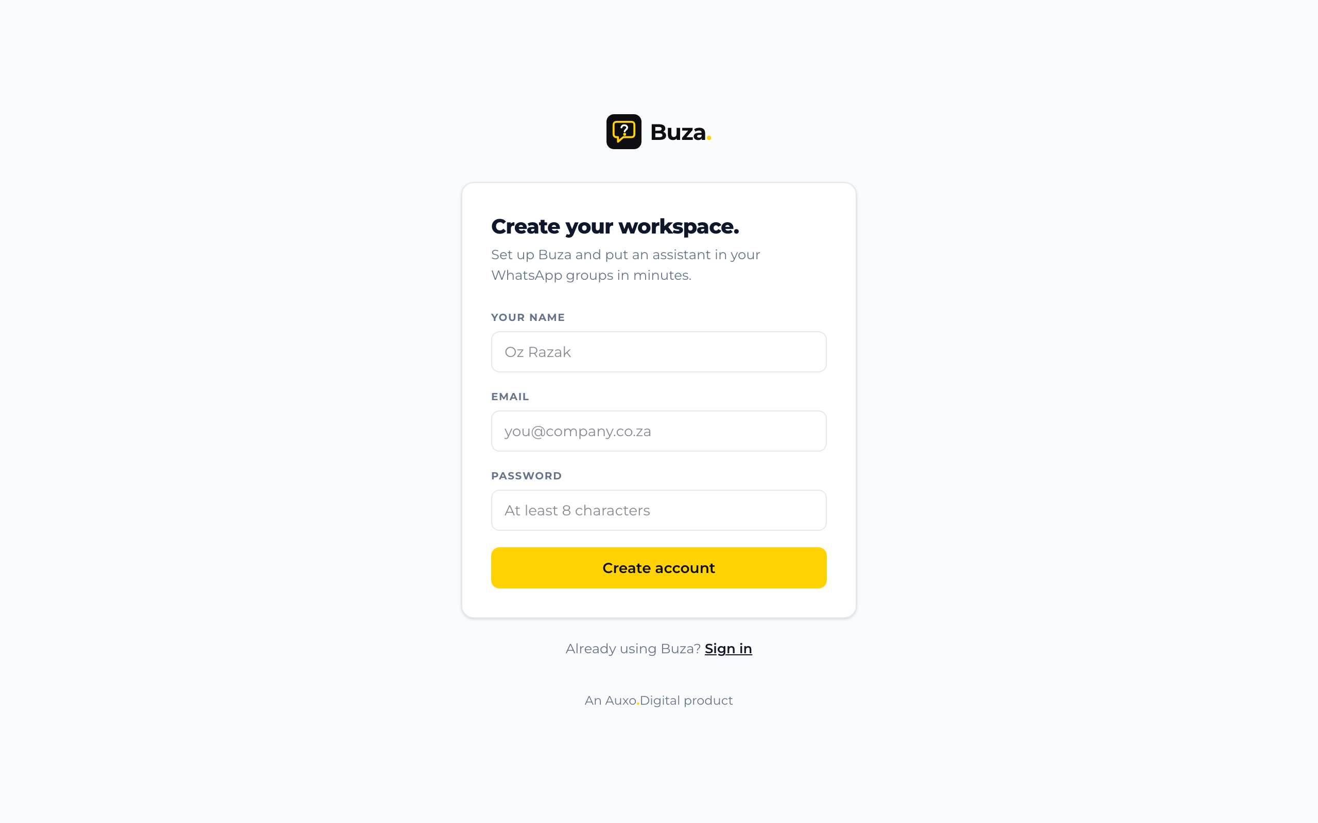 Create your Buza workspace — name, email and password.