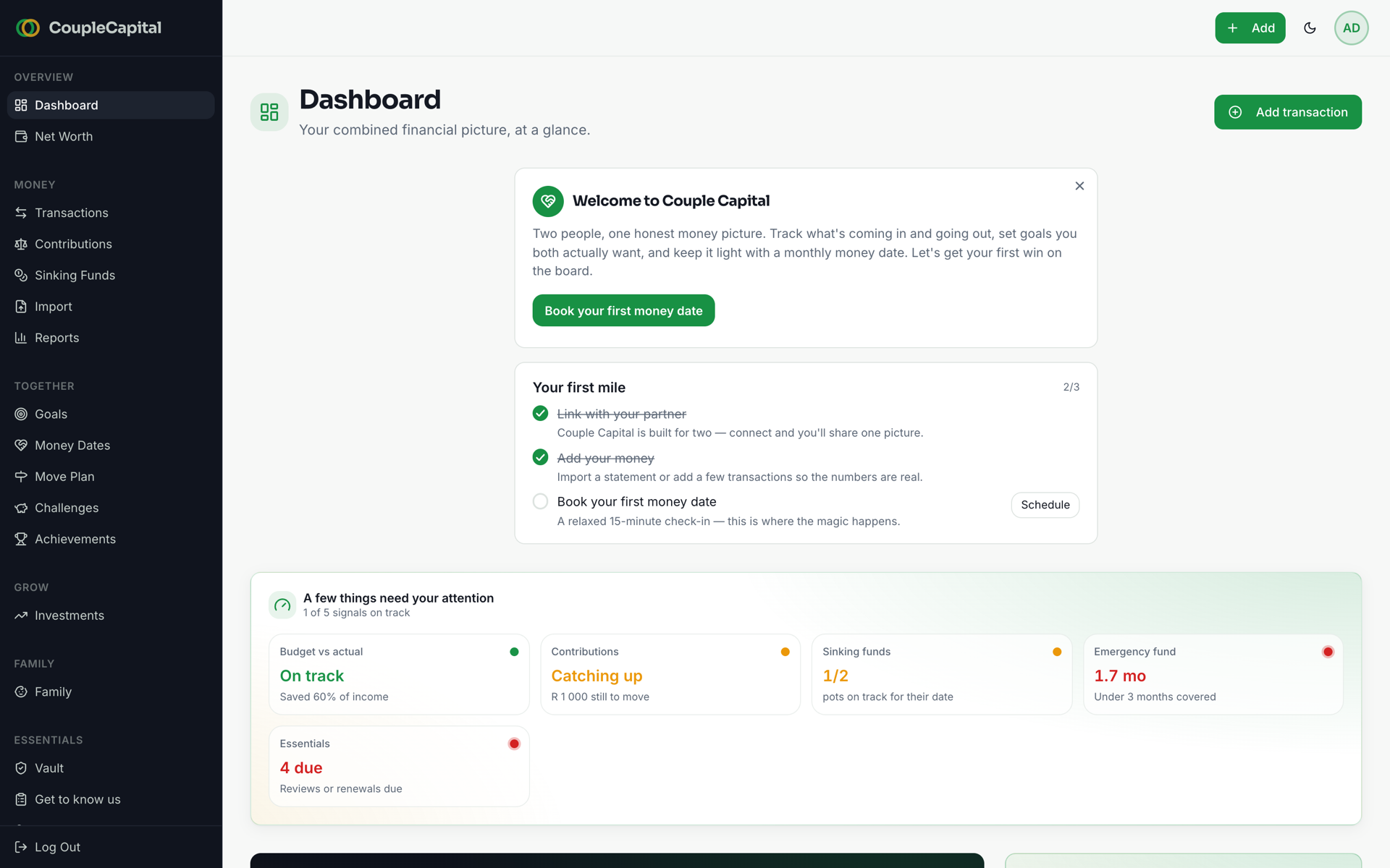 The Couple Capital dashboard with the Financial Fitness score and next money date