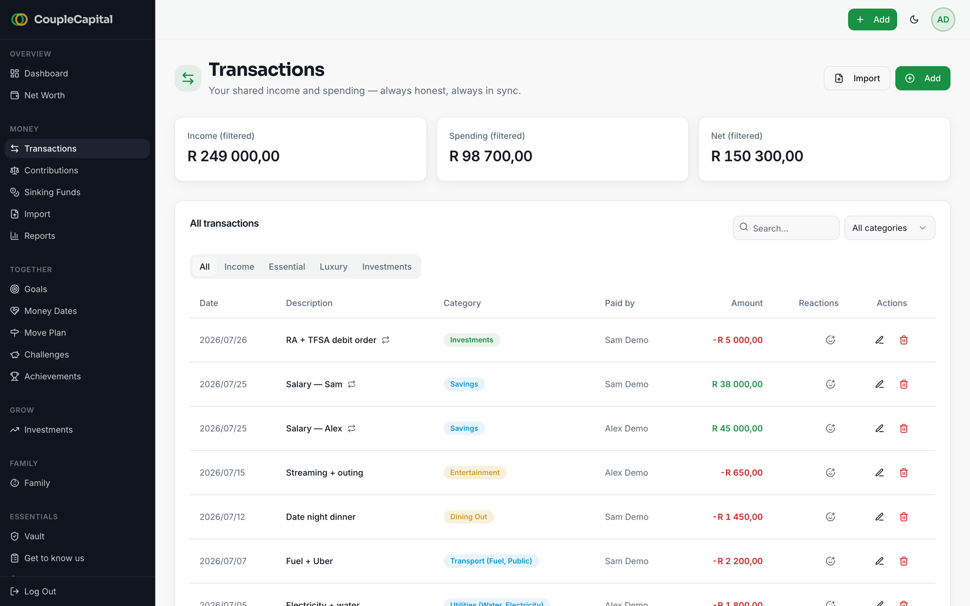 The shared Transactions view in Couple Capital