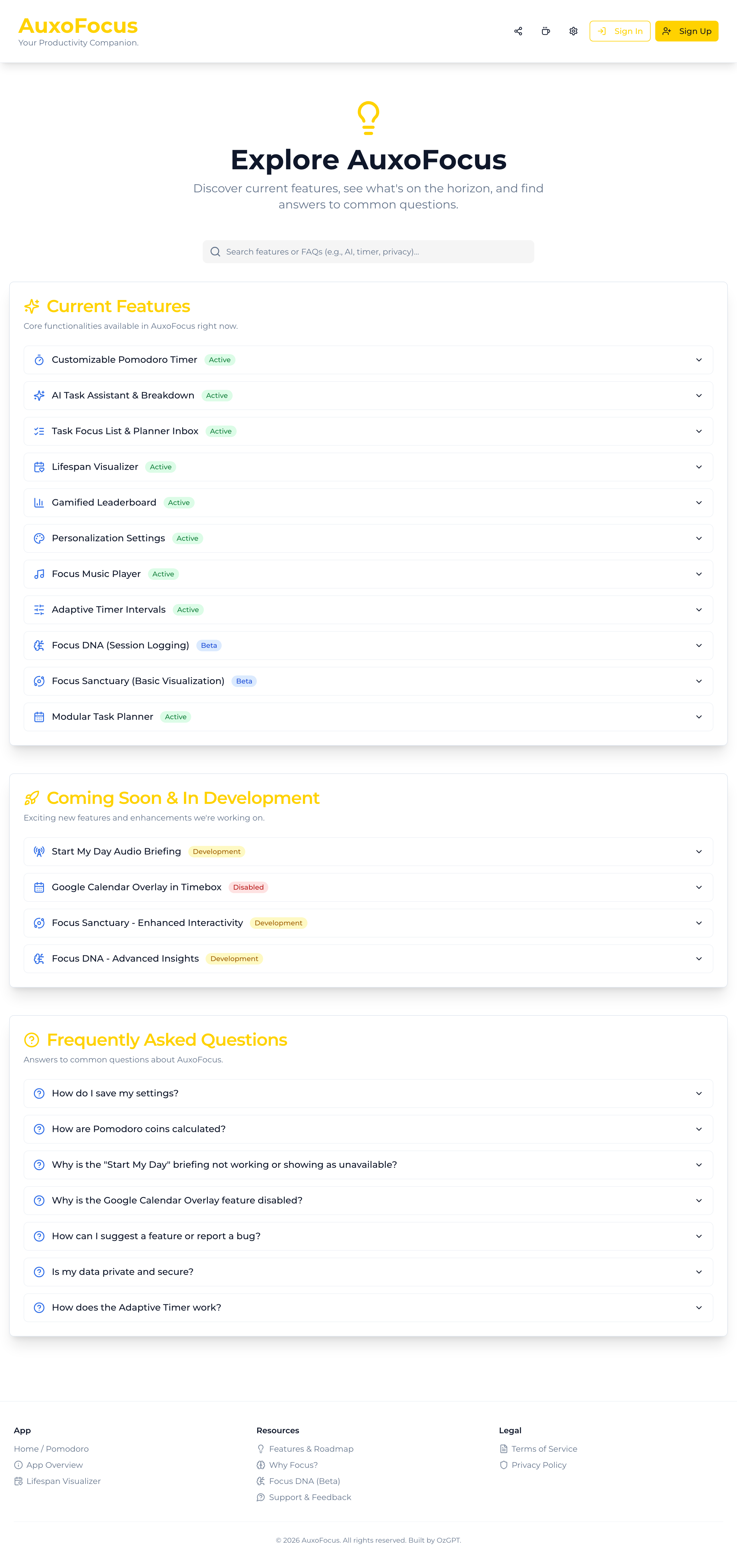 The Explore AuxoFocus page — current features, what's coming next, and FAQs.