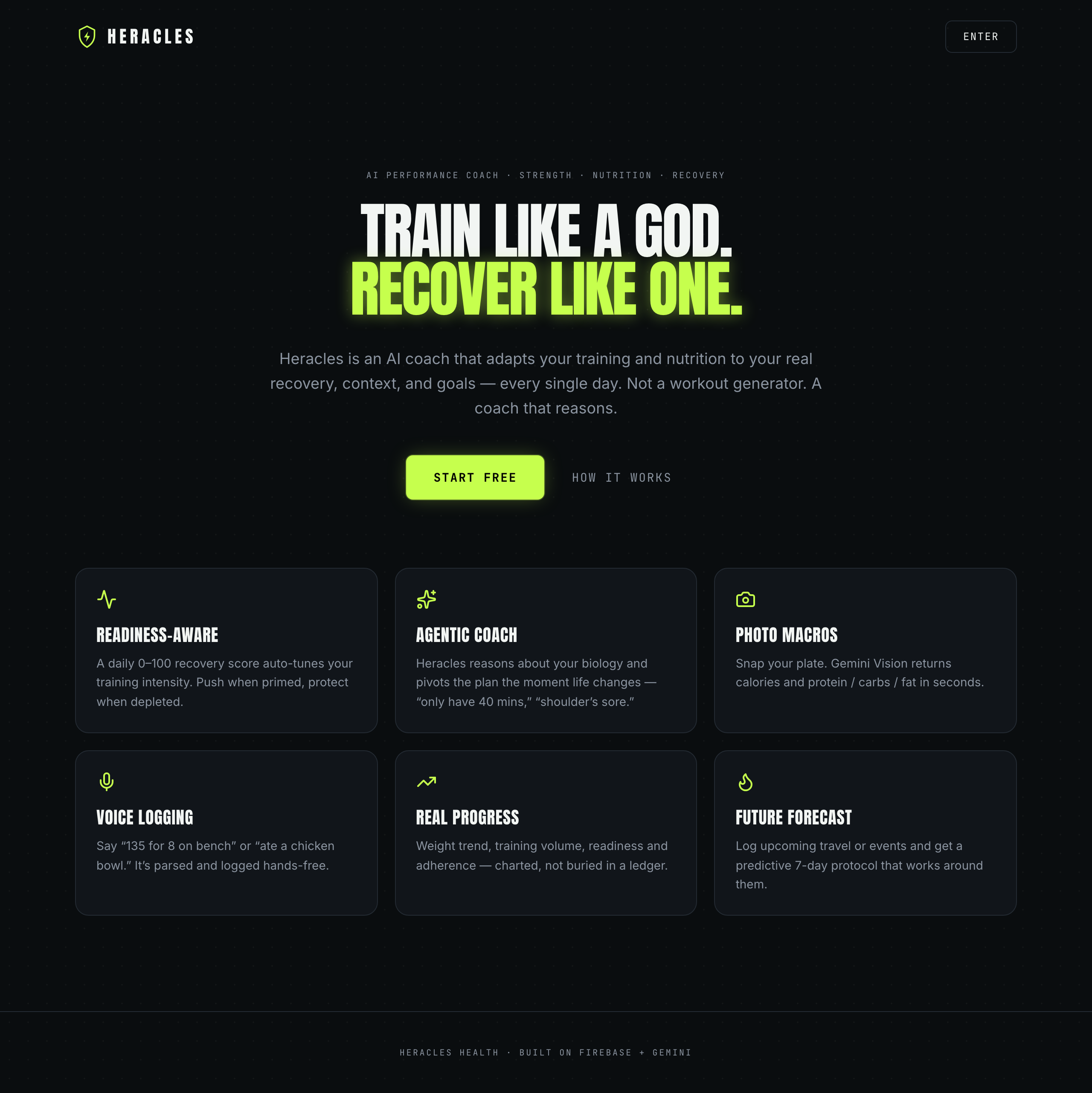 The Heracles Health homepage — train like a god, recover like one.