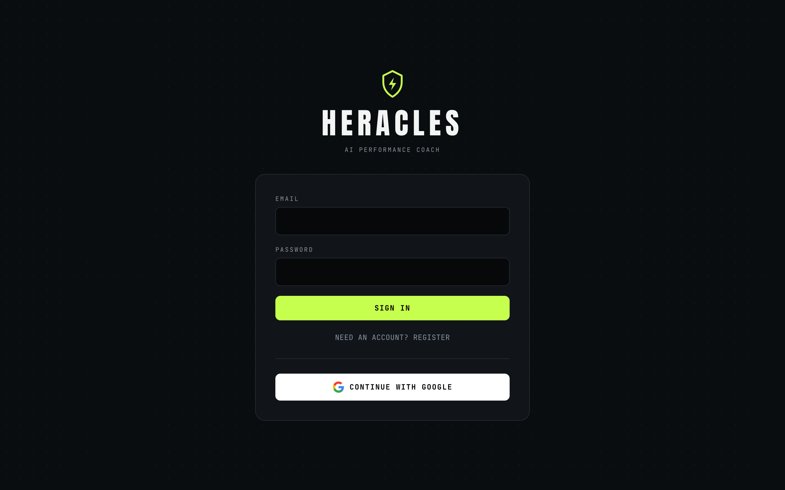 The Heracles Health sign-in screen — email/password or Google.