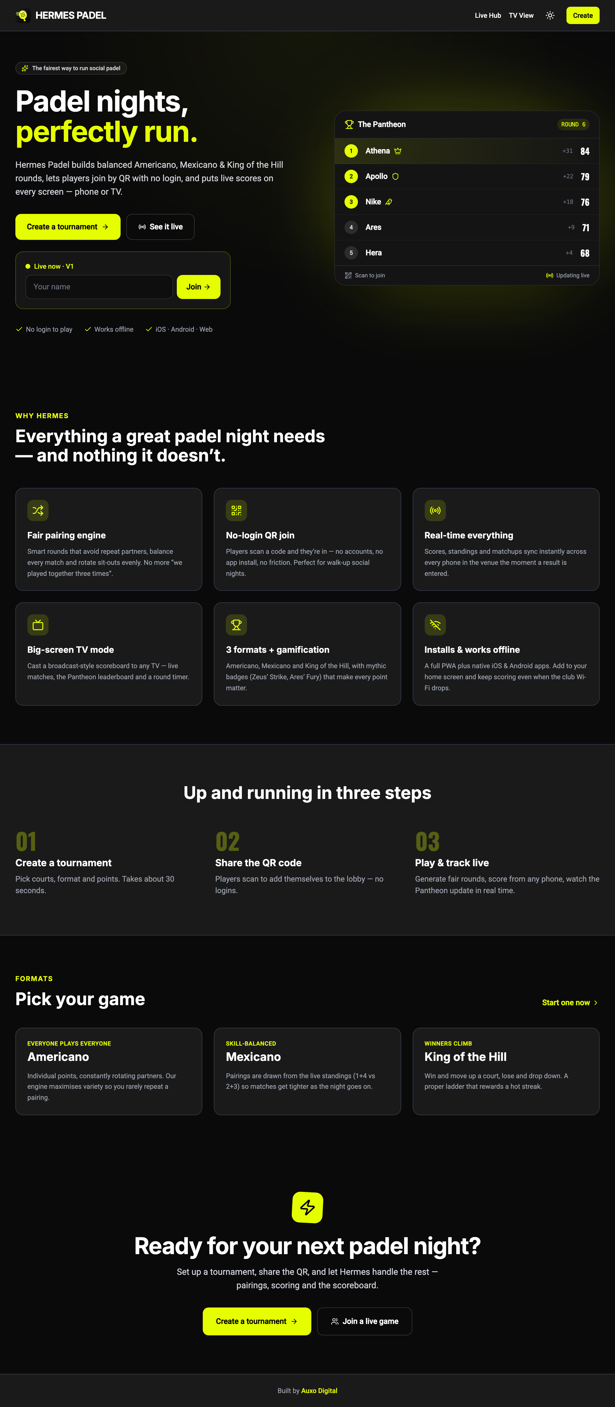 The Hermes Padel homepage — padel nights, perfectly run.