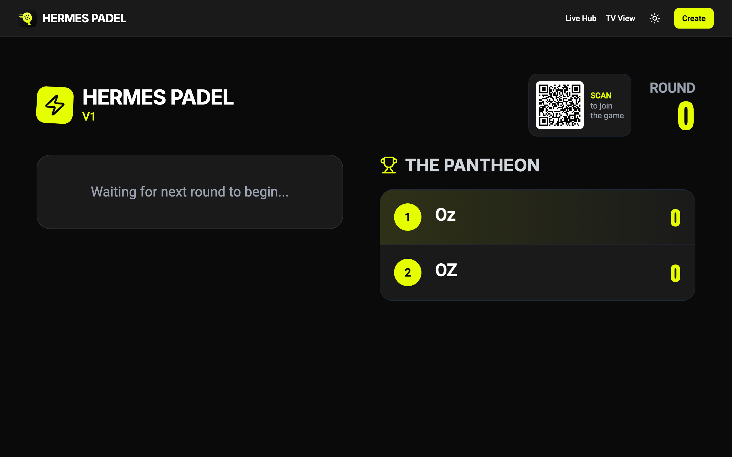 TV mode — a broadcast-style scoreboard with a scan-to-join QR code.