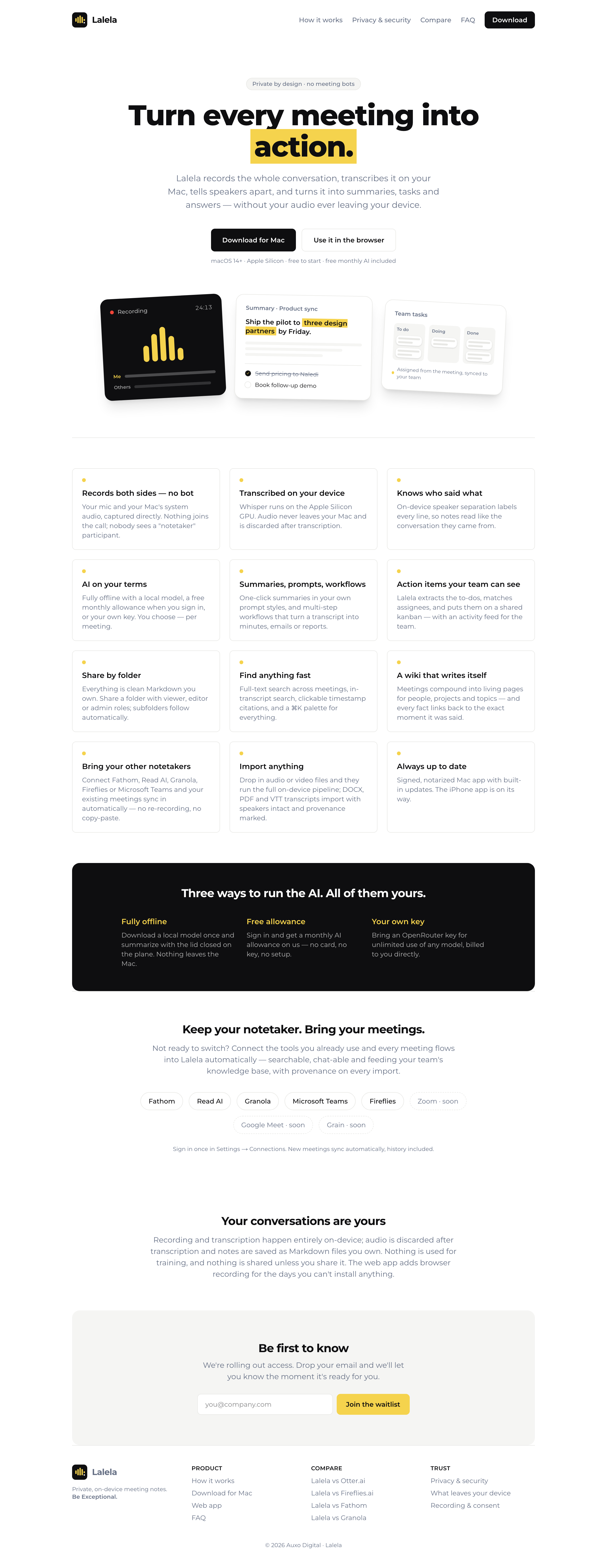 The Lalela homepage — turn every meeting into action.