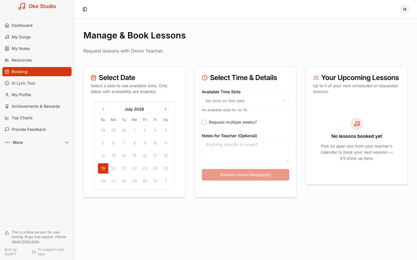 Manage & Book Lessons — pick a date, choose an open slot, and track your upcoming lessons.