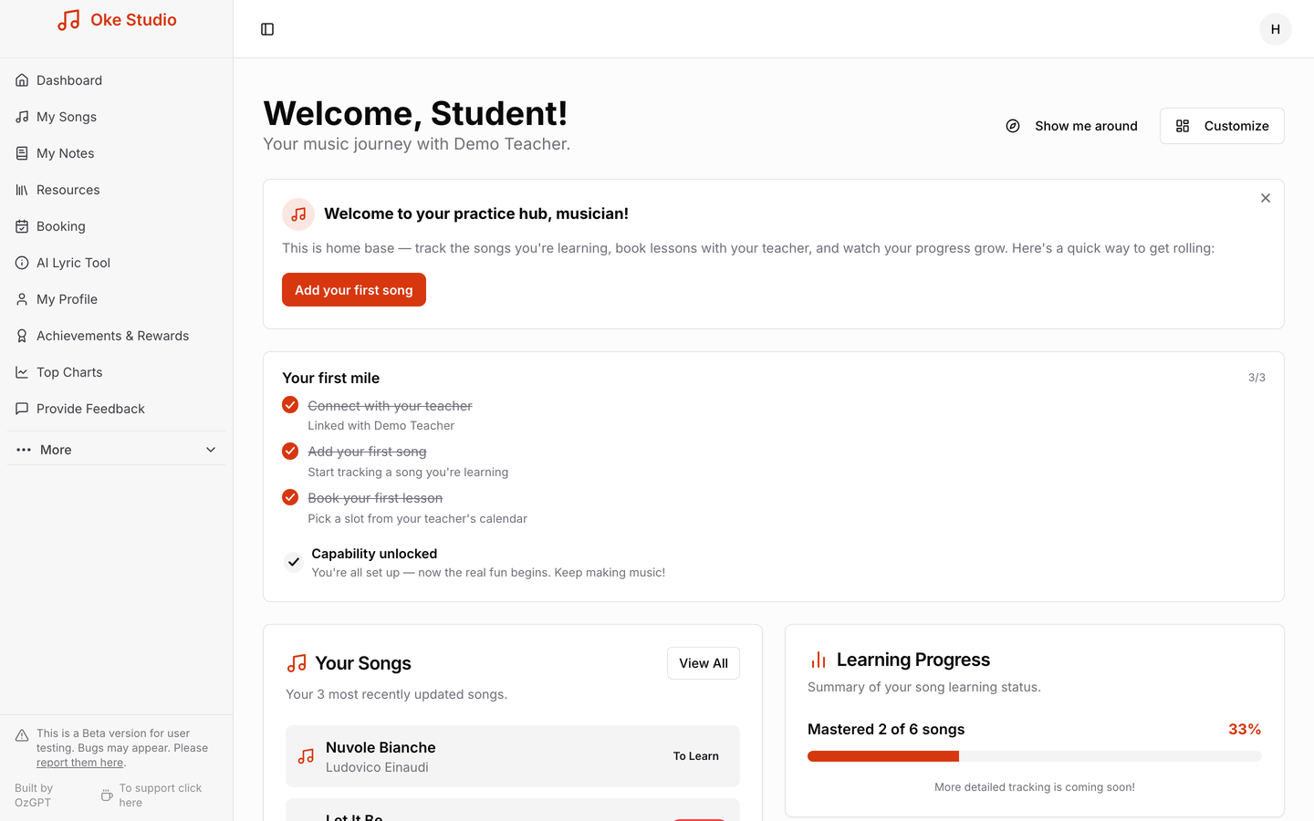 The student dashboard — your songs, progress and first-mile checklist in one place.