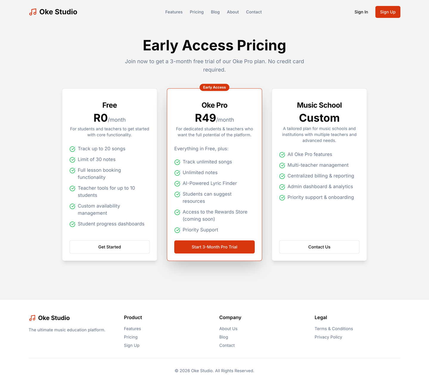 Oke Studio pricing — Free, Oke Pro (R49/month), and Music School plans.
