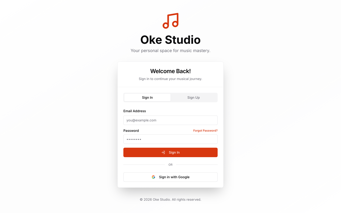 The Oke Studio sign-in screen — new here? Switch to Sign up from this page.
