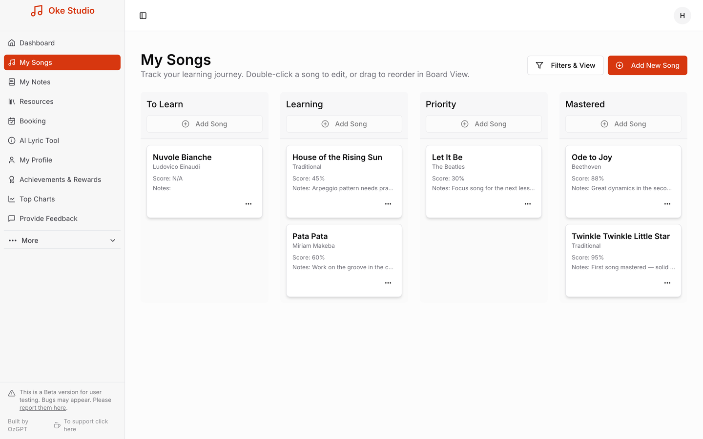 The My Songs board — To Learn, Learning, Priority and Mastered columns.