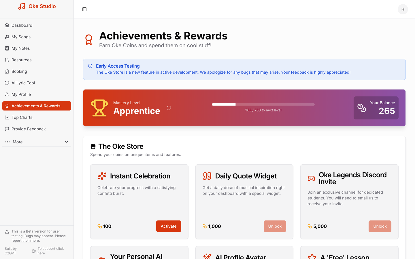 Achievements & Rewards — your mastery level, coin balance and the Oke Store.